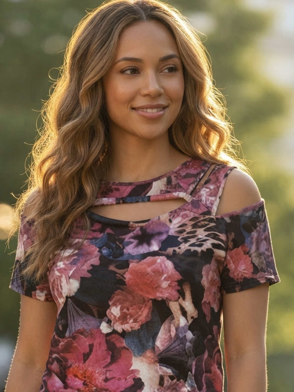VENUS Floral Cold-Shoulder Top - Pink, Purple, Black - medium